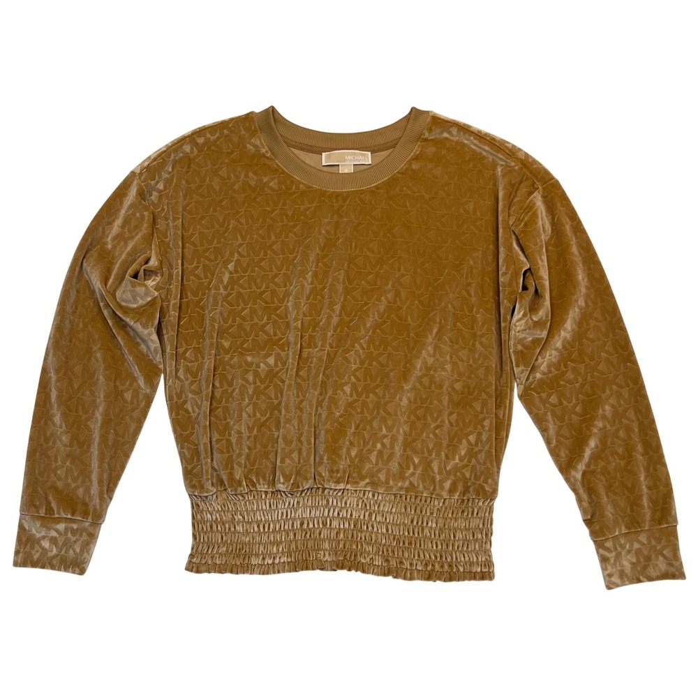 Michael Kors Tan Velvet Velour Soft Glam All Over MK Logo Pullover Top Size M‎